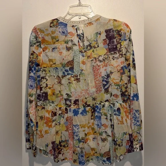 Anthropologie Maeve Floral Abella Pintuck Blouse Vibrant Patchwork Lace Size 4 - Picture 3 of 9